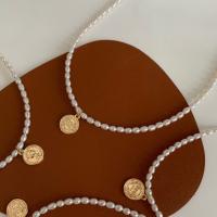 Freshwater Pearl Brass Chain Necklace, Pérolas de água doce, with cobre, with 5cm extender chain, joias de moda & para mulher, branco, 3-4mm, comprimento Aprox 38 cm, vendido por PC
