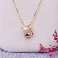 Freshwater Pearl Brass Necklace, with Brass, Cat, fashion jewelry & for woman & with rhinestone, golden, 7-8mm, Length:Approx 45 cm, Sold By PC