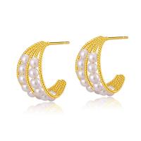Brass Stud Earring with Shell Pearl 18K gold plated fashion jewelry & for woman golden Sold By Pair