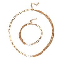 Natural Cultured Freshwater Pearl Jewelry Sets, bracelet & necklace, 304 Stainless Steel, with Freshwater Pearl, with 1.97inch extender chain, 2 pieces & fashion jewelry & for woman, more colors for choice, 4mm,5-8mm, Length:Approx 15.75 Inch, Approx 6.69 Inch, Sold By Set
