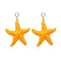 Tibetan Style Drop Earrings, with Plastic Pearl, Starfish, gold color plated, fashion jewelry & for woman & enamel, orange, nickel, lead & cadmium free, 47x65mm, Sold By Pair