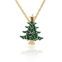 Karácsonyi nyakláncok, Cink ötvözet, -val 6.5cm extender lánc, Karácsonyfa, arany színű aranyozott, a nő & zománc & strasszos, zöld, nikkel, ólom és kadmium mentes, 39x51mm, Hossz Kb 56 cm, Által értékesített PC