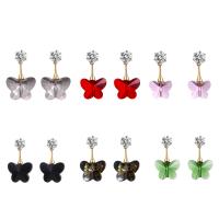 Crystal Earrings, with Tibetan Style, Butterfly, gold color plated, for woman & with rhinestone, more colors for choice, 13x30mm, Sold By Pair