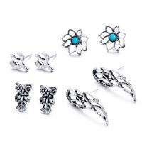 Tibetan Style Stud Earring, with Turquoise, 4 pieces & for woman & hollow, silver color, nickel, lead & cadmium free, 4Pairs/Set, Sold By Set