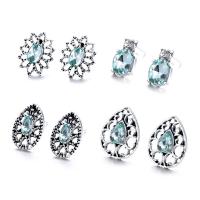 Zinc Alloy Stud Earring silver color plated 4 pieces & for woman & with rhinestone & hollow light blue nickel lead & cadmium free Sold By Set