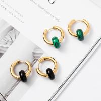 Titanium Staal Earring, met Malachiet & Black Stone, 14K vergulde, mode sieraden & verschillende materialen voor de keuze & voor vrouw, gouden, 14mm,24mm, Verkocht door pair
