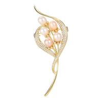 Freshwater Pearl Brooch, Brass, with Freshwater Pearl, Flower, gold color plated, micro pave cubic zirconia & for woman, nickel, lead & cadmium free, 29x74mm, Sold By PC