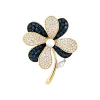 Cubic Zirconia Brooch, Brass, with Plastic Pearl, Flower, plated, micro pave cubic zirconia & for woman, more colors for choice, nickel, lead & cadmium free, 31x40mm, Sold By PC