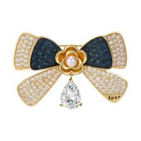 Cubic Zirconia Brooch, Brass, with Plastic Pearl, Bowknot, plated, vintage & micro pave cubic zirconia & for woman, more colors for choice, nickel, lead & cadmium free, 39x24mm, Sold By PC