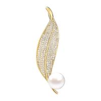 Cubic Zirconia Brooch Brass with Plastic Pearl Leaf gold color plated micro pave cubic zirconia & for woman nickel lead & cadmium free Sold By PC
