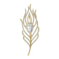 Cubic Zirconia Brooch, Brass, Feather, gold color plated, micro pave cubic zirconia & for woman, nickel, lead & cadmium free, 40x75mm, Sold By PC