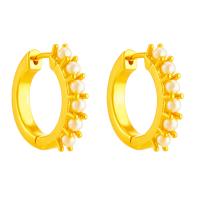 Brass Huggie Hoop Earring, with ABS Plastic Pearl, 18K gold plated, fashion jewelry & for woman, golden, 21x22mm, Sold By Pair