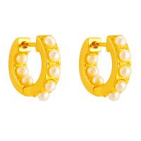 Brass Huggie Hoop Earring, with ABS Plastic Pearl, 18K gold plated, fashion jewelry & for woman, golden, 1x517mm, Sold By Pair