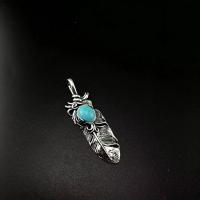 Zinc Alloy Feather Pendants with Turquoise antique silver color plated vintage & DIY blue nickel lead & cadmium free Sold By PC