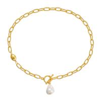 Brass Necklace, with Plastic Pearl, 18K gold plated, fashion jewelry & for woman, golden, nickel, lead & cadmium free, 22mm, Length:Approx 18.7 Inch, Sold By PC