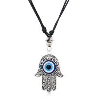 Evil Eye Jewelry Necklace, Korean Waxed Cord, with Lampwork & Tibetan Style, Hand, silver color plated, Unisex & evil eye pattern, black, 44x63mm, Length:40-70 cm, Sold By PC