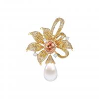 Cubic Zirconia Brooch Brass with Plastic Pearl Flower gold color plated micro pave cubic zirconia & for woman nickel lead & cadmium free Sold By PC