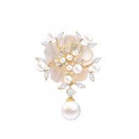 Plastic Pearl Brooch, Brass, with Shell & Plastic Pearl, Oriental Cherry, gold color plated, micro pave cubic zirconia & for woman, nickel, lead & cadmium free, 33.70x46.10mm, Sold By PC