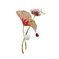 Freshwater Pearl Brooch, Brass, with Freshwater Pearl, Lotus, real gold plated, micro pave cubic zirconia & for woman & enamel, more colors for choice, 70x40mm, Sold By PC