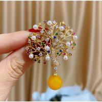 Resin Brooch, Brass, with Resin & Plastic Pearl, Tree, real gold plated, micro pave cubic zirconia & for woman, 50x36mm, Sold By PC