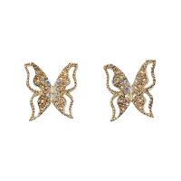Tibetan Style Stud Earring, Butterfly, plated, for woman & with rhinestone & hollow, more colors for choice, nickel, lead & cadmium free, 12x17mm, Sold By Pair