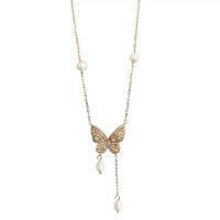 Natural Freshwater Pearl Necklace Zinc Alloy with Freshwater Pearl with 7cm extender chain Butterfly gold color plated micro pave cubic zirconia & for woman Length Approx 42 cm Sold By PC