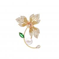 Freshwater Pearl Brooch, Brass, with Freshwater Pearl, Flower, gold color plated, micro pave cubic zirconia & for woman, nickel, lead & cadmium free, 33x47mm, Sold By PC