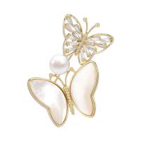 Shell Brooch, Brass, with Shell Pearl & Shell, Butterfly, gold color plated, micro pave cubic zirconia & for woman, nickel, lead & cadmium free, 35x43mm, Sold By PC