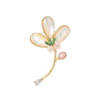 Freshwater Pearl Brooch Brass with Shell & Freshwater Pearl Flower gold color plated micro pave cubic zirconia & for woman nickel lead & cadmium free Sold By PC