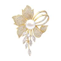 South Sea Shell Brooch, Brass, with Shell Pearl, Flower, gold color plated, micro pave cubic zirconia & for woman, nickel, lead & cadmium free, 44x60mm, Sold By PC