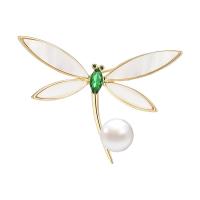 Freshwater Pearl Brooch, Brass, with Cubic Zirconia & Shell & Freshwater Pearl, Dragonfly, gold color plated, for woman, nickel, lead & cadmium free, 49x33mm, Sold By PC