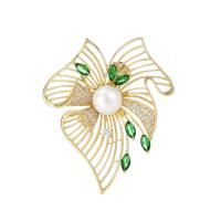 Freshwater Pearl Brooch, Brass, with Freshwater Pearl, Flower, gold color plated, micro pave cubic zirconia & for woman, nickel, lead & cadmium free, 40x49mm, Sold By PC