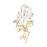 Cubic Zirconia Brooch, Brass, Flower, gold color plated, imitation cats eye & micro pave cubic zirconia & for woman, nickel, lead & cadmium free, 37x66mm, Sold By PC