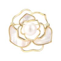 Freshwater Pearl Brooch Brass with Shell & Freshwater Pearl Flower gold color plated for woman & hollow nickel lead & cadmium free Sold By PC