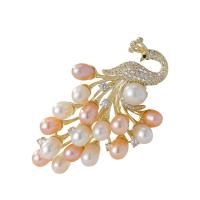 Freshwater Pearl Brooch Brass with Freshwater Pearl Peacock gold color plated micro pave cubic zirconia & for woman nickel lead & cadmium free Sold By PC