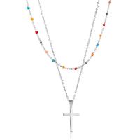 Multi Layer Necklace, 304 Stainless Steel, with 1.97inch extender chain, Cross, polished, Double Layer & fashion jewelry & for woman & enamel, original color, Length:Approx 17.72 Inch, Approx 14.96 Inch, Sold By PC