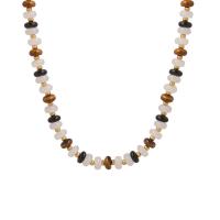 Natural Gemstone Necklace, Tiger Eye, with Jade & Titanium Steel & Black Agate, with 1.97inch extender chain, fashion jewelry & for woman, 4mm, Length:Approx 15.75 Inch, Sold By PC