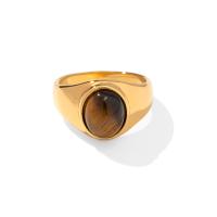 Stainless Steel Finger Ring 314 Stainless Steel with Tiger Eye Oval Vacuum Ion Plating fashion jewelry & for woman golden nickel lead & cadmium free 12.80mm US Ring Sold By PC