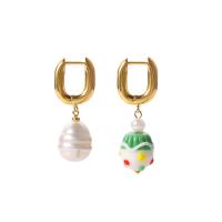 Asymmetric Earrings, 314 Stainless Steel, with Plastic Pearl, Vacuum Ion Plating, fashion jewelry & for woman, nickel, lead & cadmium free, 14x36mm,14x39mm, Sold By Pair