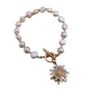 Freshwater Cultured Pearl Bracelet, Freshwater Pearl, with Tibetan Style, Chrysamthemum, gold color plated, for woman & enamel, Length:Approx 17-18 cm, Sold By PC
