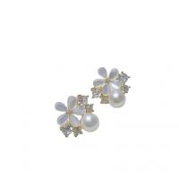 Boucles d'oreilles en perles d'eau douce, perle d'eau douce cultivée, avec laiton, bijoux de mode & pour femme & avec strass, 5-6mm, Vendu par paire