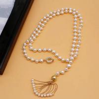 Freshwater Pearl Brass Chain Necklace, Pérolas de água doce, with cobre, banhado a ouro genuino, joias de moda & para mulher, branco, 6.5-7.5mm,4-5mm, comprimento Aprox 80 cm, vendido por PC