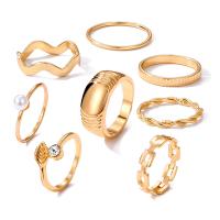 Cink Alloy Ring Set, Cink ötvözet, -val ABS műanyag gyöngy, arany színű aranyozott, 8 darab & divat ékszerek & a nő & strasszos, aranysárga, Által értékesített Set