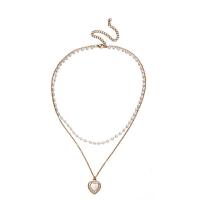 Multi Layer Necklace, 304 Stainless Steel, with Plastic Pearl, with 3.94inch extender chain, Heart, Double Layer & for woman & with rhinestone, more colors for choice, 15x18mm, Sold Per Approx 13.78 Inch, Approx 15.75 Inch Strand