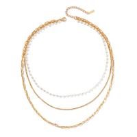 Multi Layer Necklace 314 Stainless Steel with Plastic Pearl with 5cm extender chain Vacuum Ion Plating three layers & for woman golden Length 36 cm 40 cm 45 cm Sold By PC