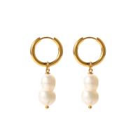 Freshwater Pearl Earrings, 314 Stainless Steel, with Freshwater Pearl, Vacuum Ion Plating, fashion jewelry & for woman, 9x37mm, Sold By Pair