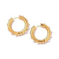 Stainless Steel Huggie Hoop Earring, 314 Stainless Steel, with Freshwater Pearl, Donut, Vacuum Ion Plating, fashion jewelry & for woman, golden, 25.90mm, Sold By Pair