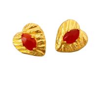 Natural Gemstone Earrings Brass with Red Agate & Clear Quartz Heart 18K gold plated for woman Sold By Pair