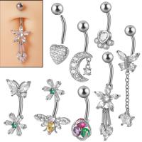 Stainless Steel Belly Ring, 304 Stainless Steel, Unisex & different styles for choice & micro pave cubic zirconia, original color, 1.6x10mm, 2PCs/Bag, Sold By Bag