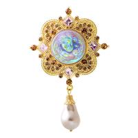 Plastic Pearl Brooch, Tibetan Style, with Plastic Pearl, gold color plated, fashion jewelry & for woman & with rhinestone, golden, nickel, lead & cadmium free, 58x90mm, Sold By PC